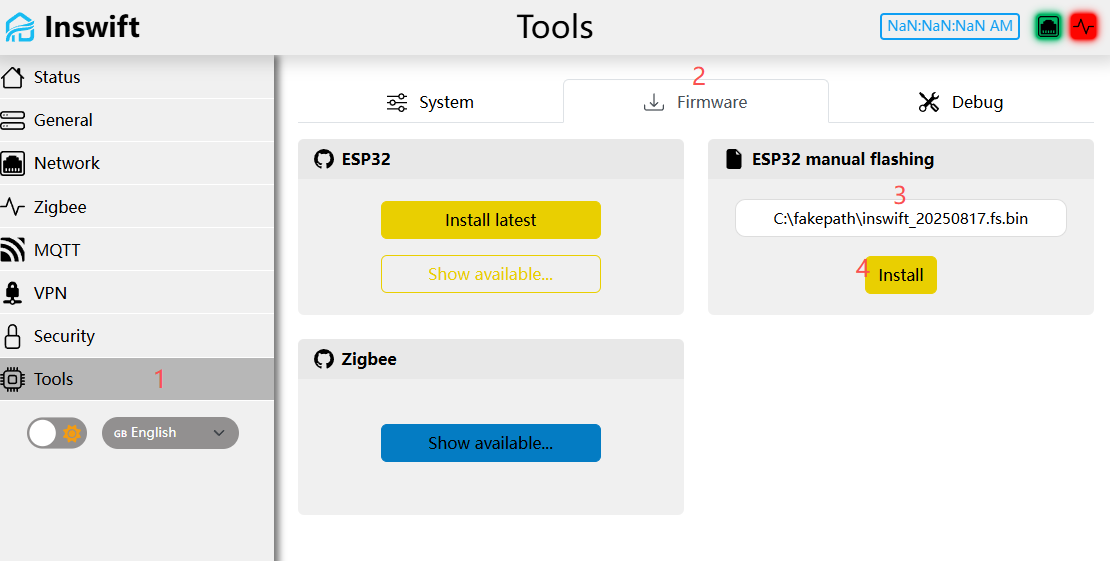 ESP32 local: select a file, then Install