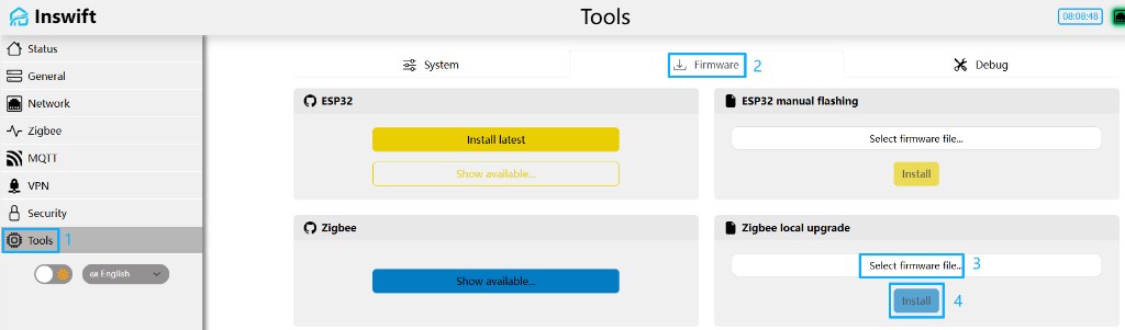 Tools → Firmware: open the page and run a Zigbee local upgrade