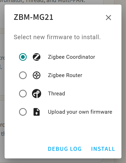 Select official firmware; Zigbee Coordinator is selected