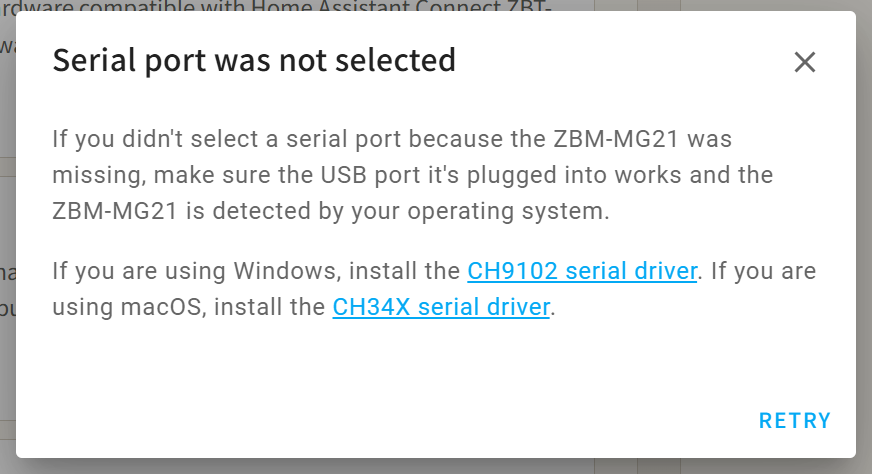Serial port was not selected, driver prompt