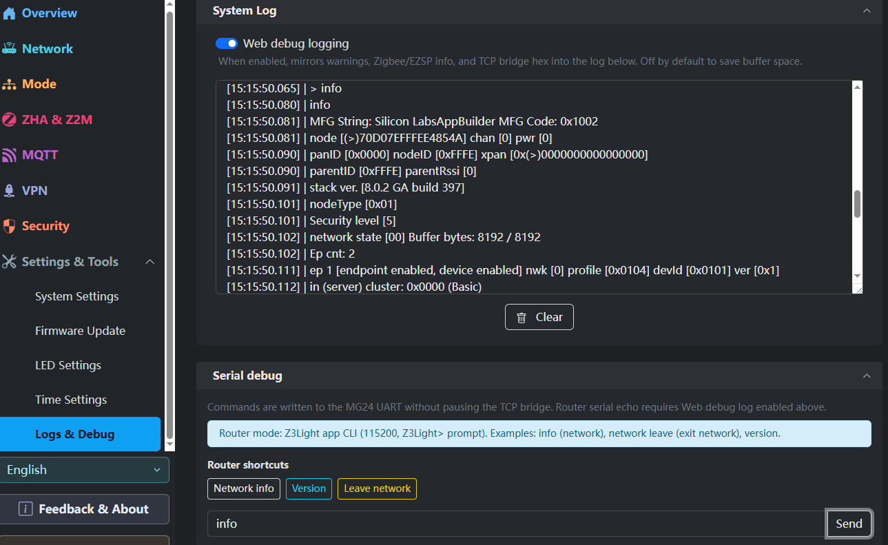 Logs & Debug: router shortcuts and CLI input