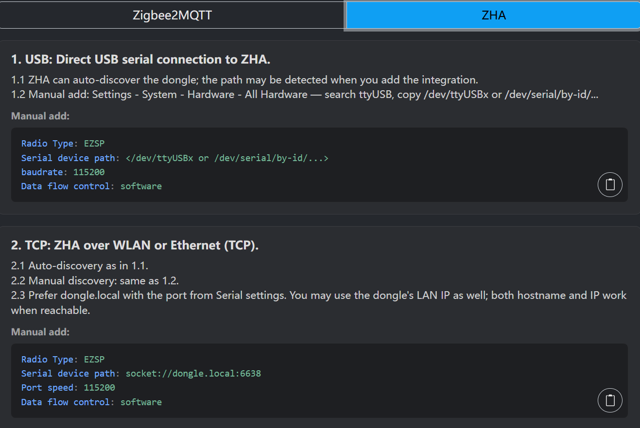 ZHA USB and TCP snippets on the ETH gateway web UI