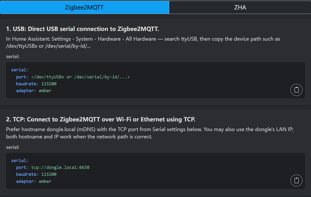 USB and TCP snippets on the ETH gateway web UI